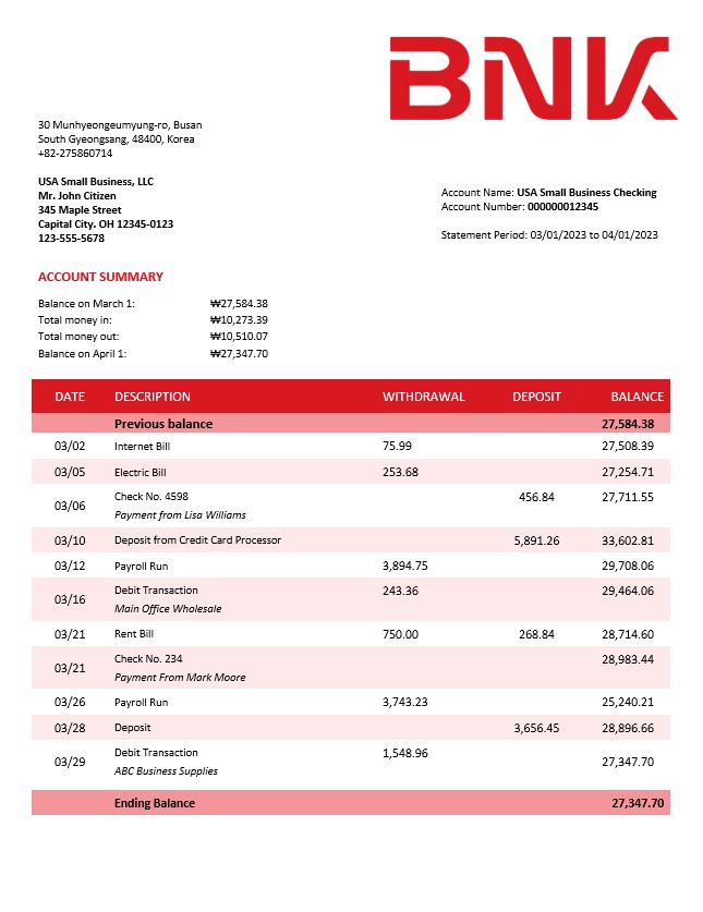 Modèle Word et PDF de déclaration d'entreprise de BNK Financial Group
